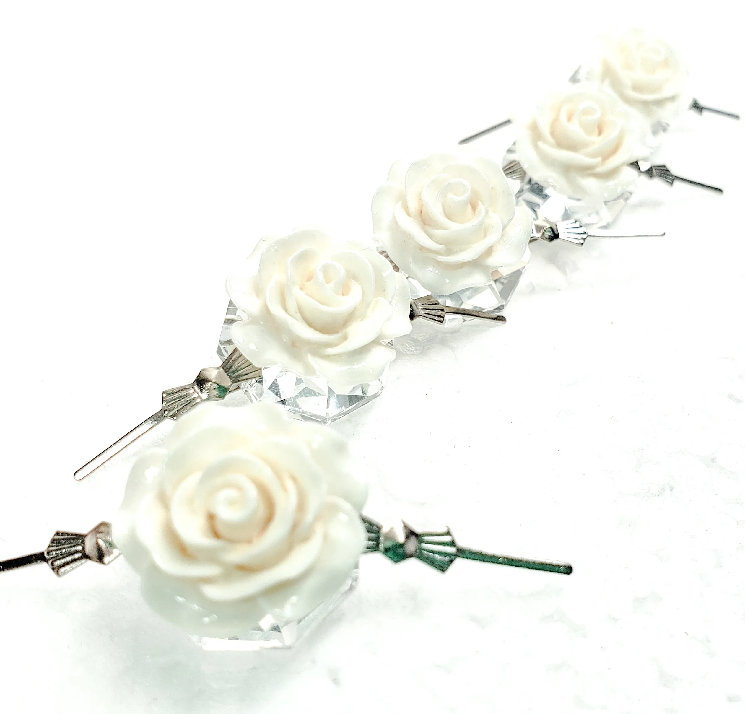 White Chandelier Roses Pack of 5 Crystals, Shabby Chic Rose Chandelier Decoration - 81D