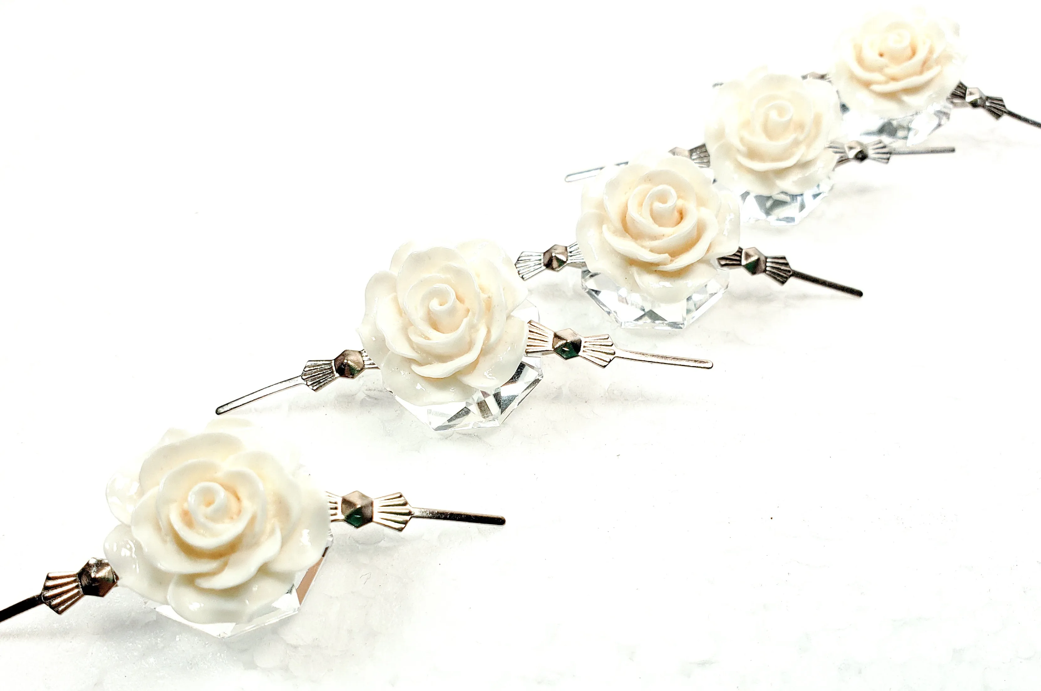 White Chandelier Roses Pack of 5 Crystals, Shabby Chic Rose Chandelier Decoration - 81D