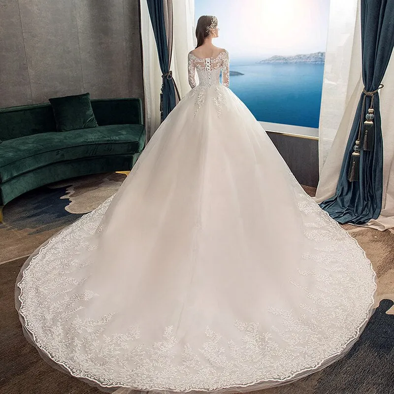 White Ivory Champagne Wedding Dresses With Sleeve Illusion
