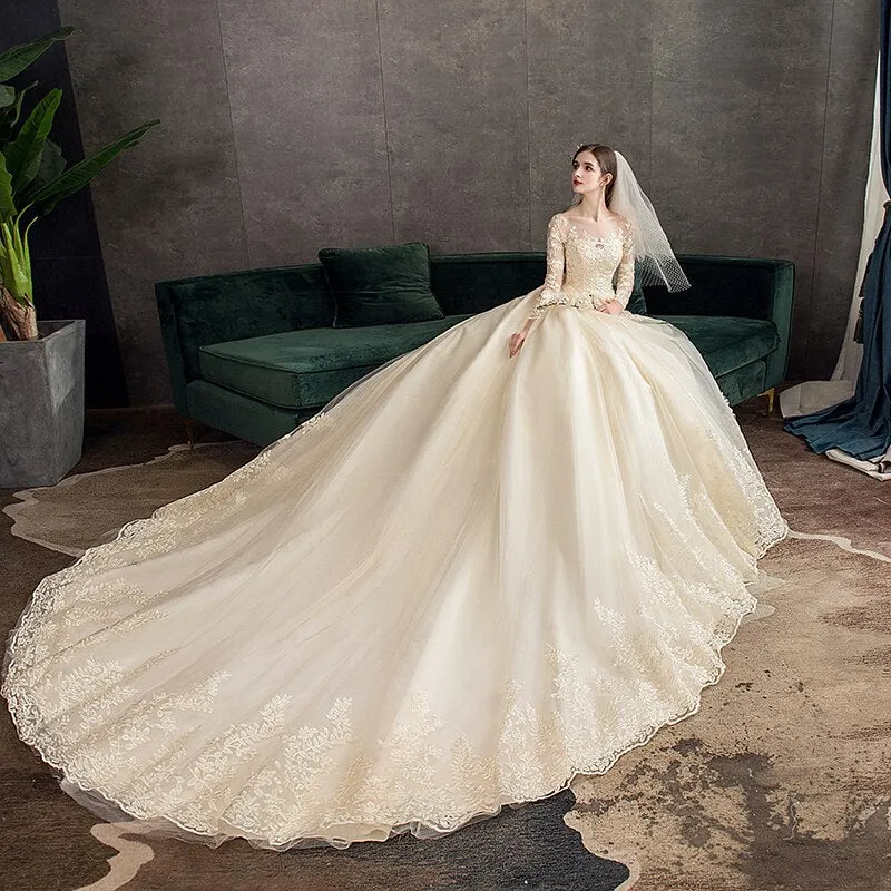 White Ivory Champagne Wedding Dresses With Sleeve Illusion
