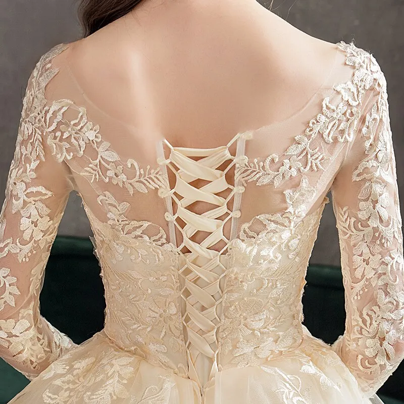White Ivory Champagne Wedding Dresses With Sleeve Illusion