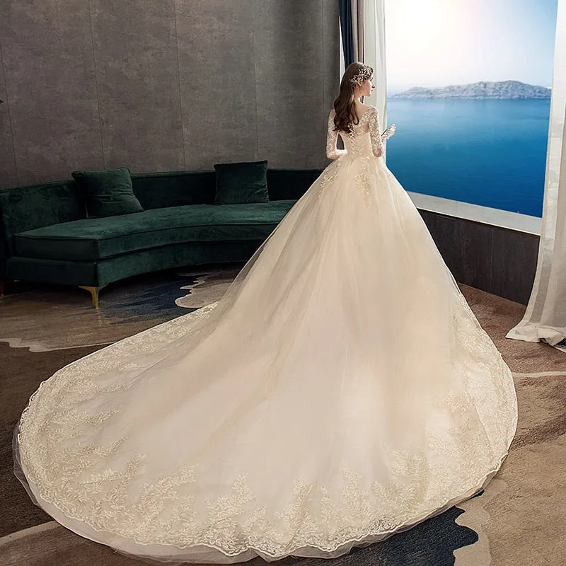 White Ivory Champagne Wedding Dresses With Sleeve Illusion
