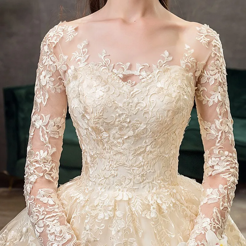 White Ivory Champagne Wedding Dresses With Sleeve Illusion