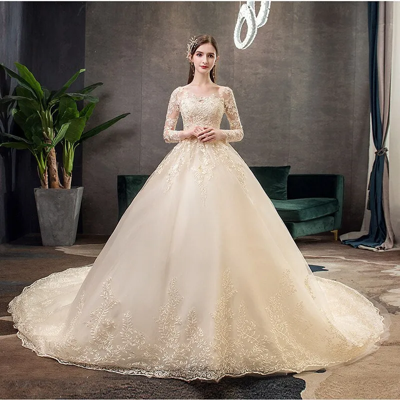 White Ivory Champagne Wedding Dresses With Sleeve Illusion