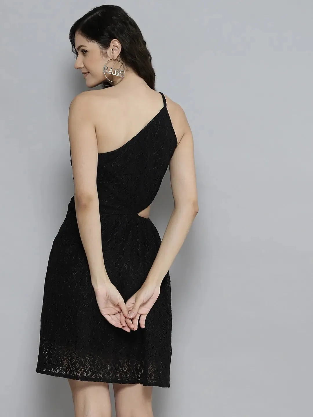 Women Black Lace One Shoulder Side Cut-Out Dress