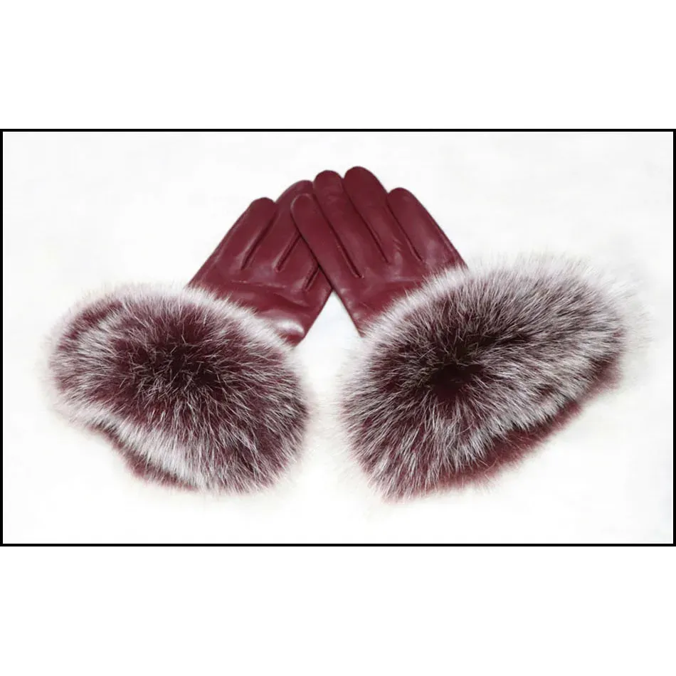 Women's High-End Leather Sheepskin Gloves With Fox Fur, Otter Rabbit & Mink Fur Trim