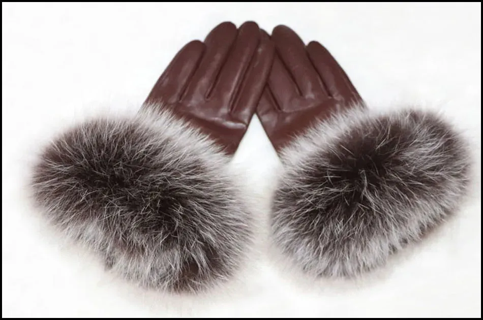 Women's High-End Leather Sheepskin Gloves With Fox Fur, Otter Rabbit & Mink Fur Trim
