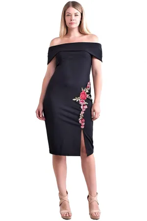 Women's Plus Size Black Off Shoulder Dress with Red Roses