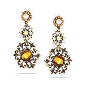 YELLOW CRYSTAL WHITE PEARL FILIGREE EARRINGS #246NT3401 (10F2/9A6)