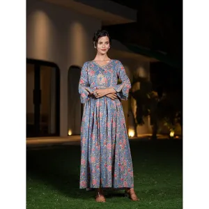 Yufta Blue Pure Cotton Beads & Stones Gathers Angrakha Dress
