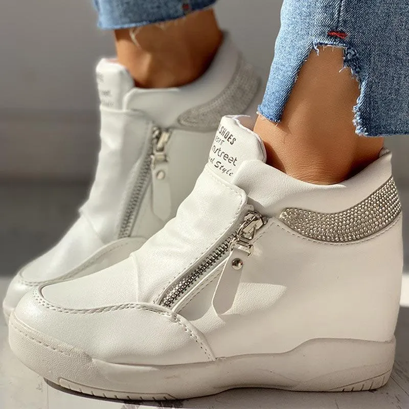 Zippper Studded Platform Wedges Casual Sneakers