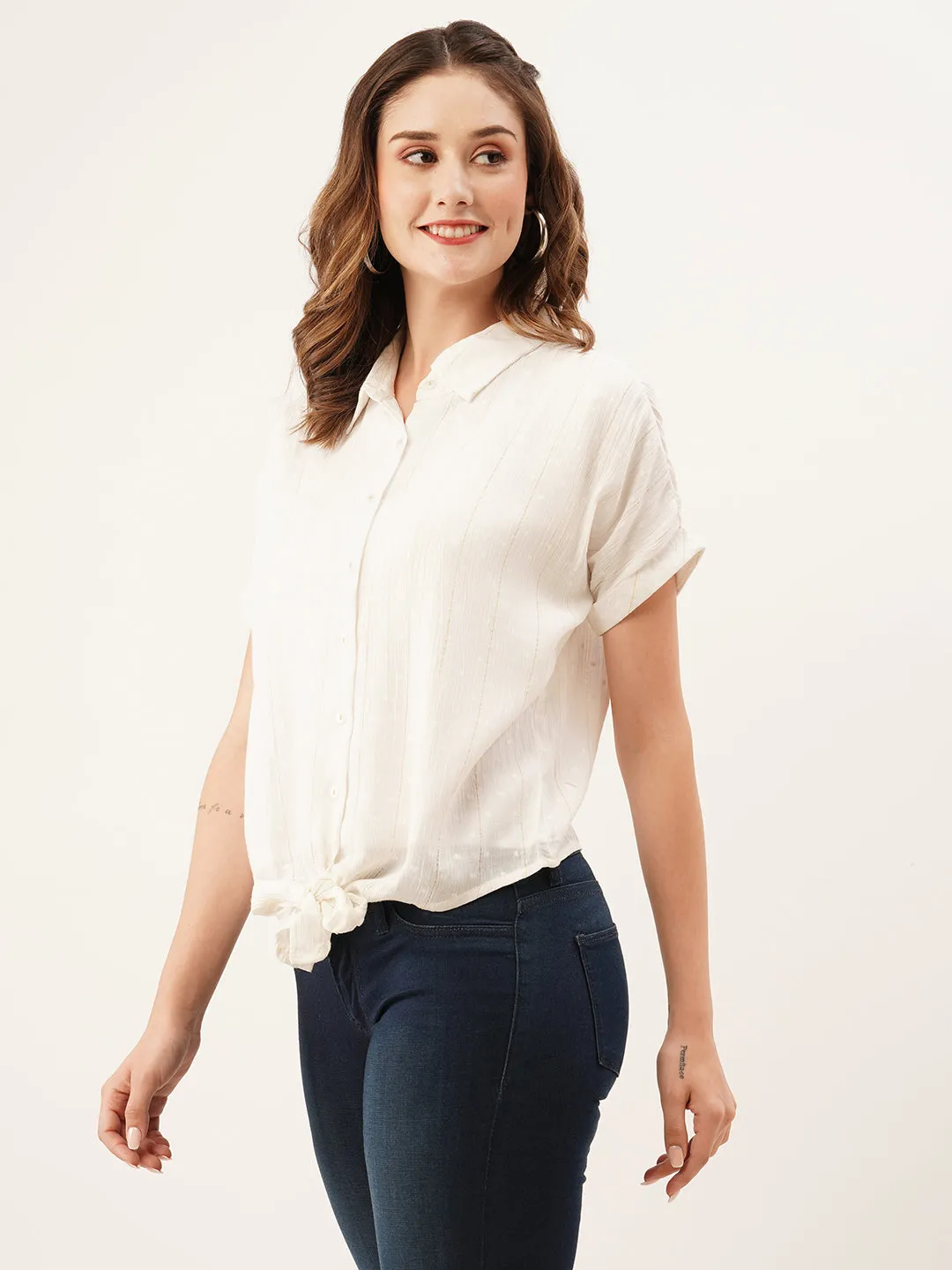 ZOLA Collar Neck Cotton All Over Golden Foil Strips Dolman Sleeves Cream Straight Top For Women