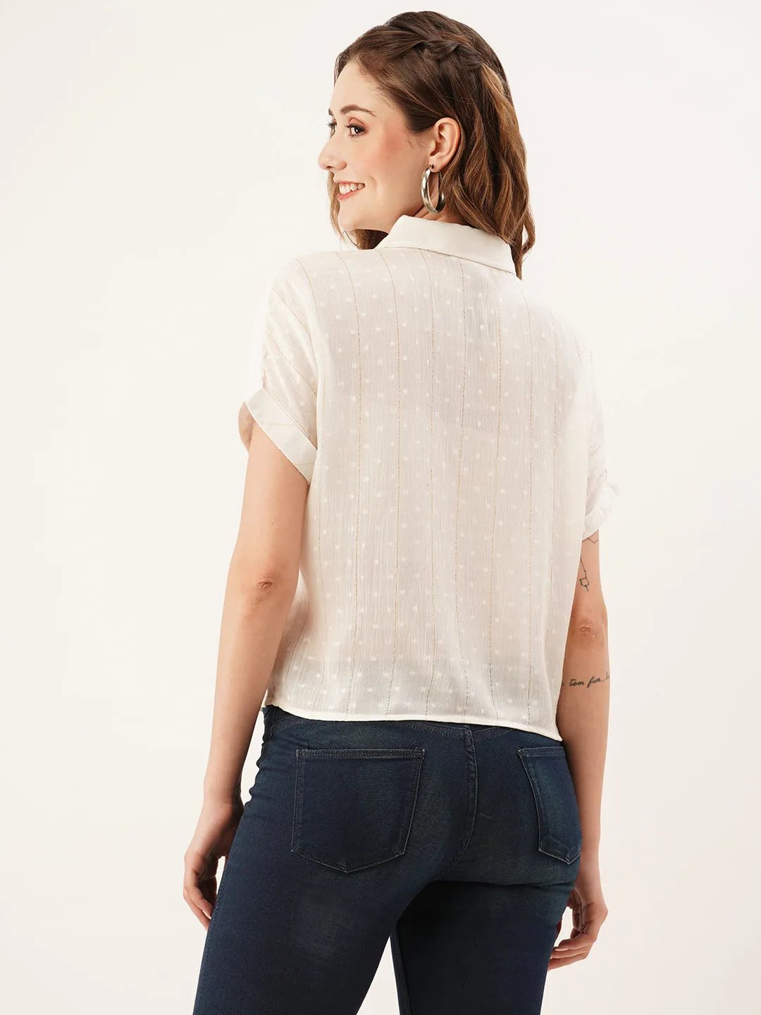ZOLA Collar Neck Cotton All Over Golden Foil Strips Dolman Sleeves Cream Straight Top For Women