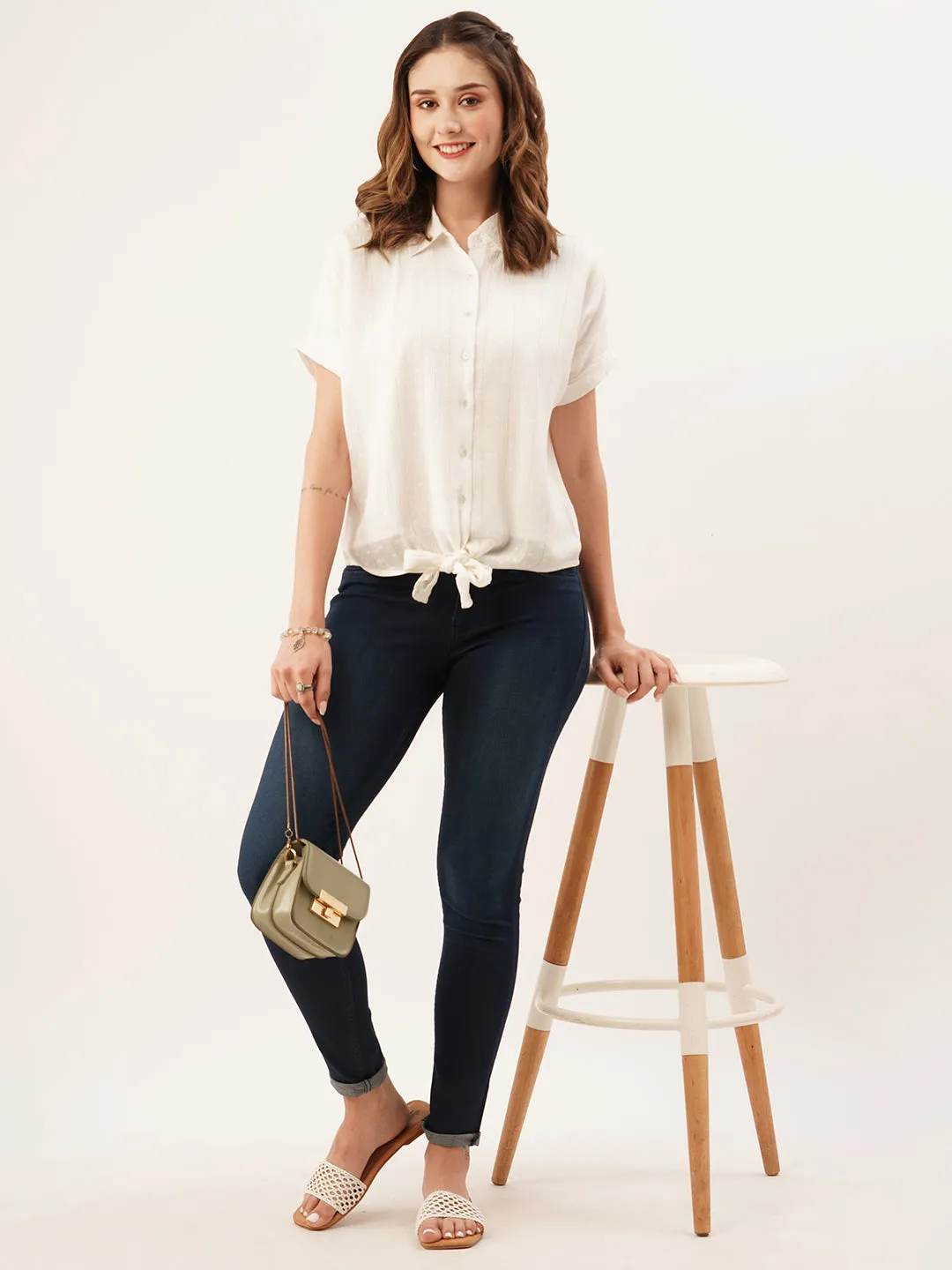 ZOLA Collar Neck Cotton All Over Golden Foil Strips Dolman Sleeves Cream Straight Top For Women