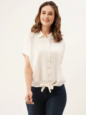 ZOLA Collar Neck Cotton All Over Golden Foil Strips Dolman Sleeves Cream Straight Top For Women