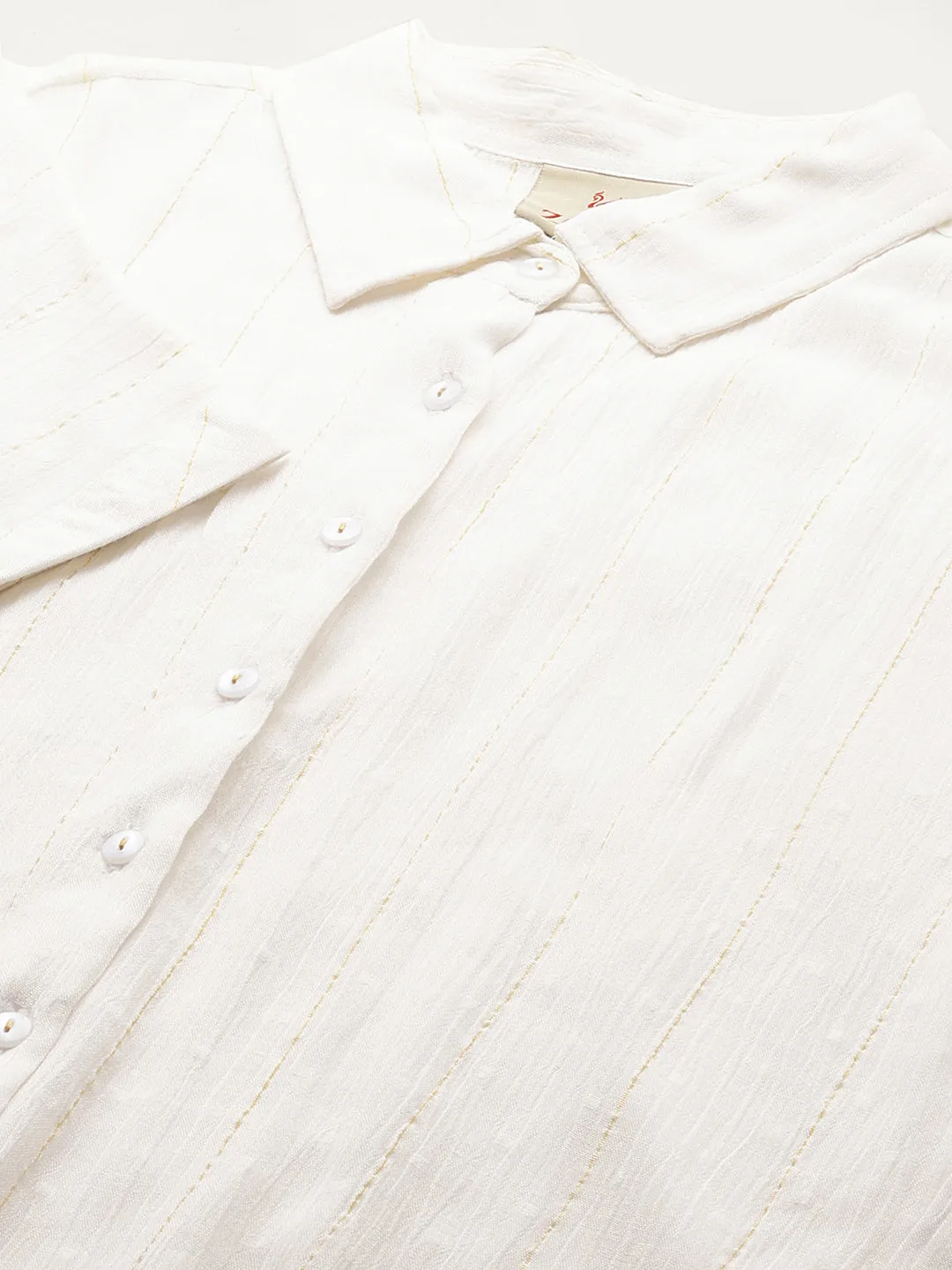 ZOLA Collar Neck Cotton All Over Golden Foil Strips Dolman Sleeves Cream Straight Top For Women