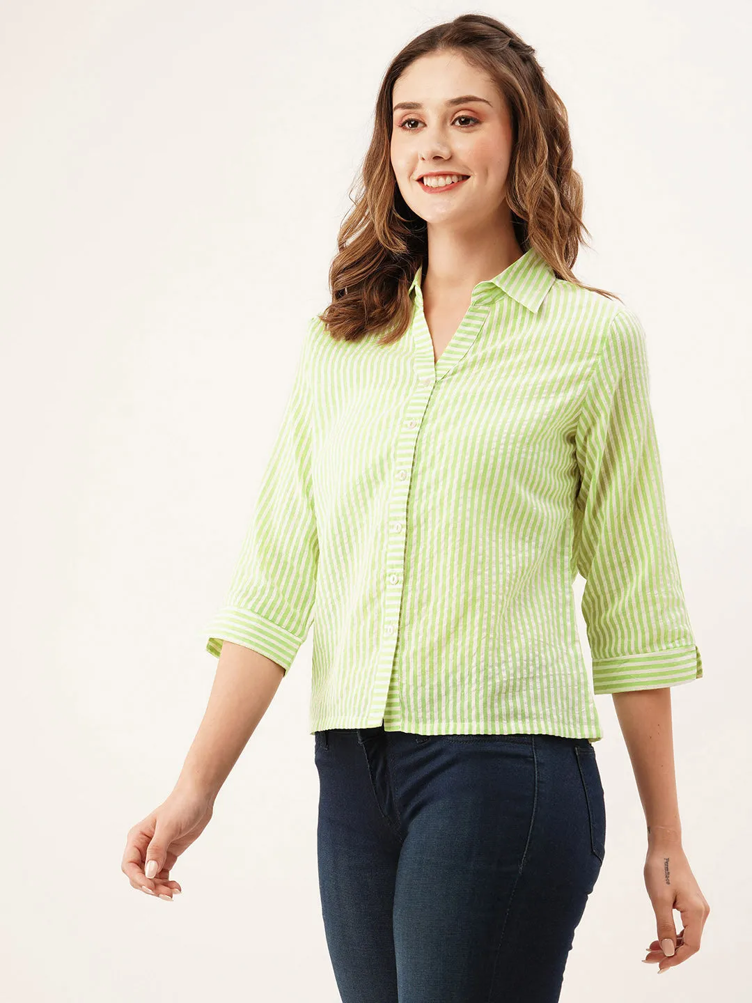 ZOLA Collar Neck Cotton All Over Stripe Print 3/4th Sleeves Green Straight Top For Women