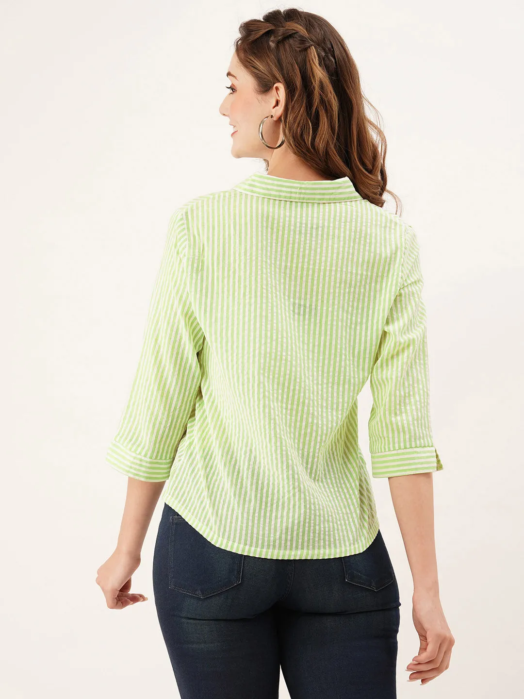 ZOLA Collar Neck Cotton All Over Stripe Print 3/4th Sleeves Green Straight Top For Women