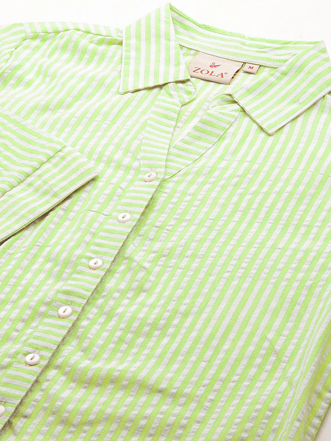 ZOLA Collar Neck Cotton All Over Stripe Print 3/4th Sleeves Green Straight Top For Women