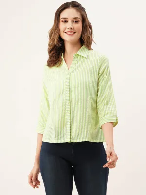 ZOLA Collar Neck Cotton All Over Stripe Print 3/4th Sleeves Green Straight Top For Women