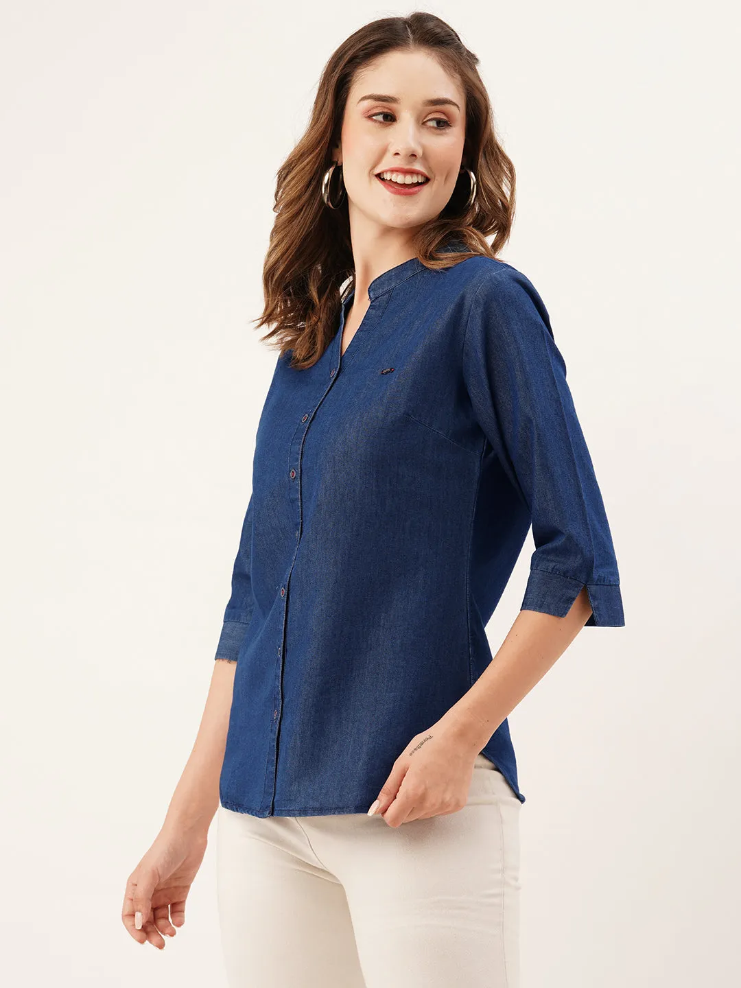 ZOLA Mandarin Collar Cotton Solid Print 3/4th Sleeves Dx Blue Straight Top For Women