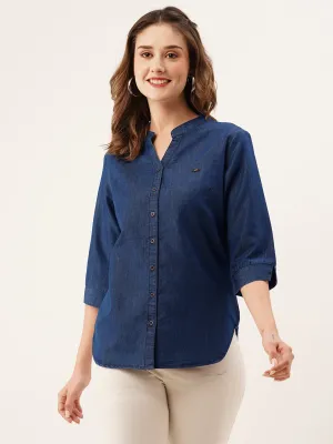 ZOLA Mandarin Collar Cotton Solid Print 3/4th Sleeves Dx Blue Straight Top For Women