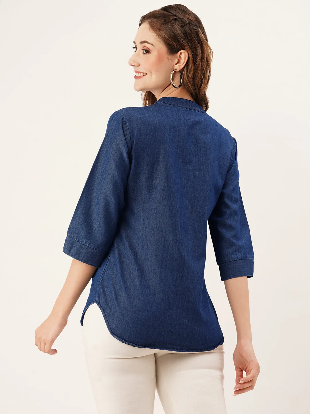 ZOLA Mandarin Collar Cotton Solid Print 3/4th Sleeves Dx Blue Straight Top For Women