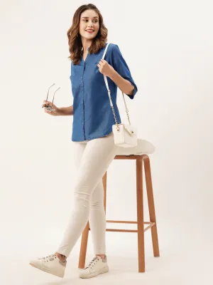 ZOLA Mandarin Collar Cotton Solid Print 3/4th Sleeves Stone Blue Straight Top For Women