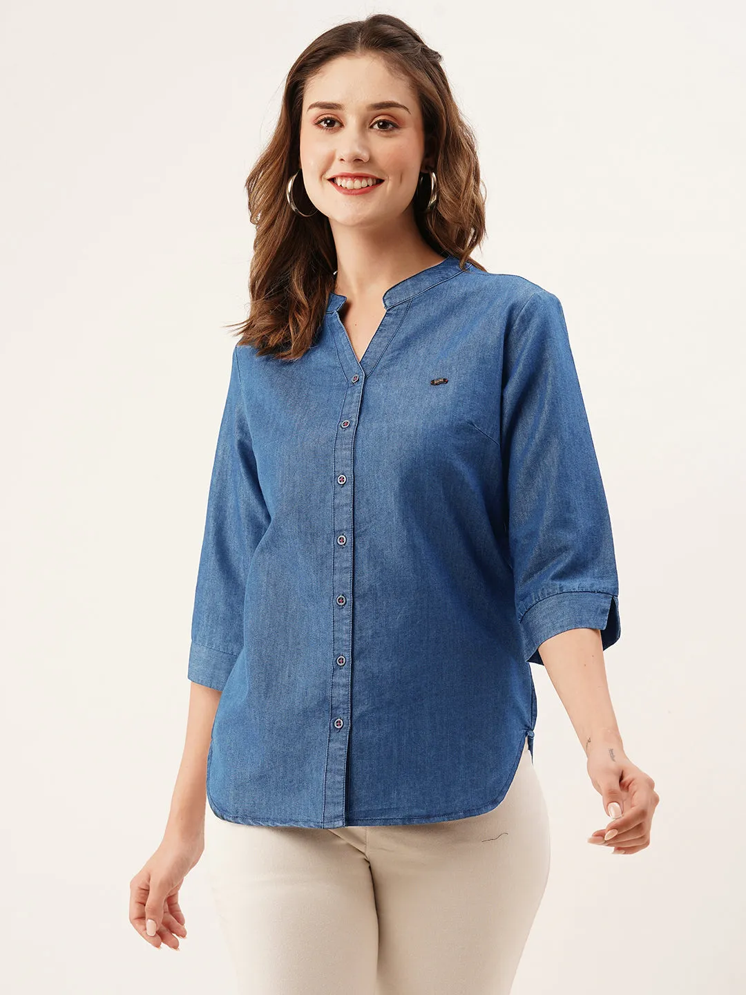 ZOLA Mandarin Collar Cotton Solid Print 3/4th Sleeves Stone Blue Straight Top For Women