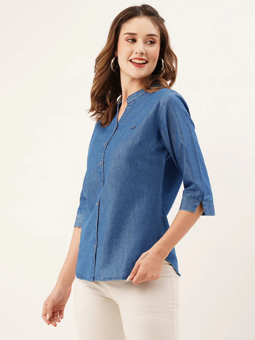 ZOLA Mandarin Collar Cotton Solid Print 3/4th Sleeves Stone Blue Straight Top For Women